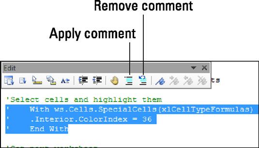Utilice la barra de herramientas de edición para aplicar comentarios a un bloque de código.