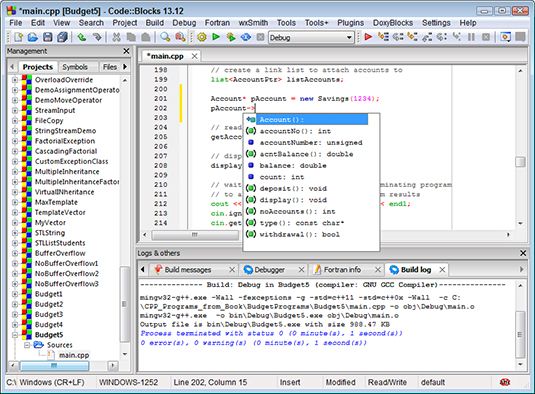 Figura 4: Dado un objeto, Code :: Blocks encontrarán los miembros públicos accesibles desde ese objeto.