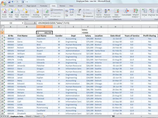 Usando BDSUMA con el total de los salarios de más de $ 55,000 en una base de datos de los empleados.