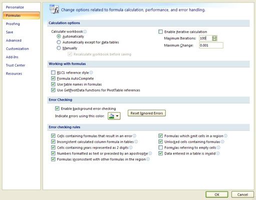 Configuración de los ajustes de cálculo y de iteración en el cuadro de diálogo Opciones de Excel.