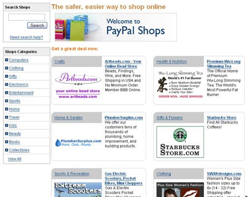 La página del centro Tiendas de PayPal.