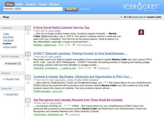 Los resultados de una búsqueda de blogs en IceRocket.