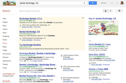 Una búsqueda en Google de un dentista en Northridge, CA.