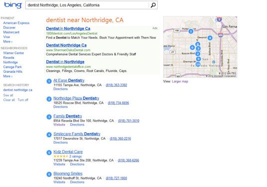 Una búsqueda Bing de un dentista en Northridge, CA.