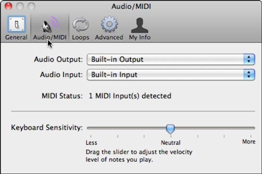 El panel de audio / MIDI detecta el teclado MIDI y le permite asignar la entrada y la salida de sonido.