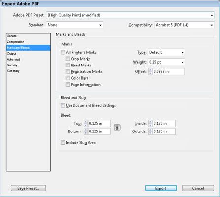 Configuración de los valores de sangrado en el cuadro de diálogo Exportar Adobe PDF.