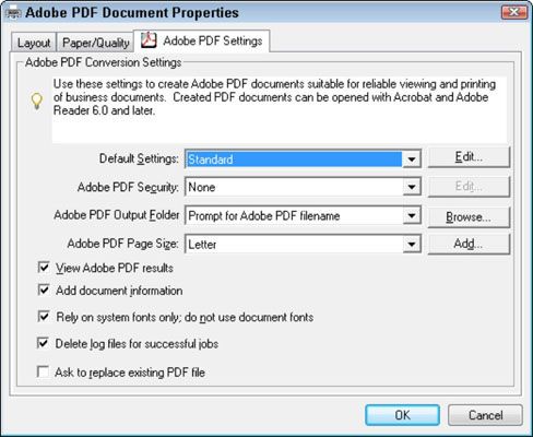 Puede cambiar la configuración de conversión al imprimir en la impresora Adobe PDF.