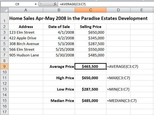 Una hoja de cálculo de las ventas de viviendas que utiliza funciones estadísticas comunes.