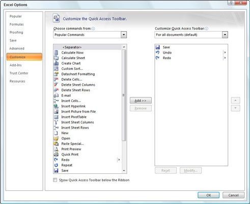 Utilice la configuración de Personalizar para añadir cualquier comando de Excel 2007 para la barra de herramientas de acceso rápido.