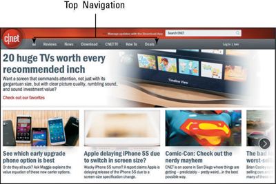 El sitio web CNET utiliza la parte superior de navegación para guiar a los usuarios.