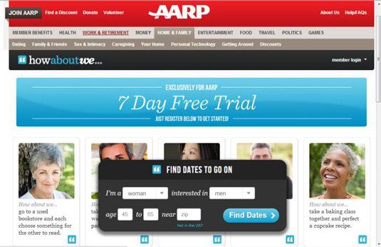 La página principal de la AARP's senior dating site.