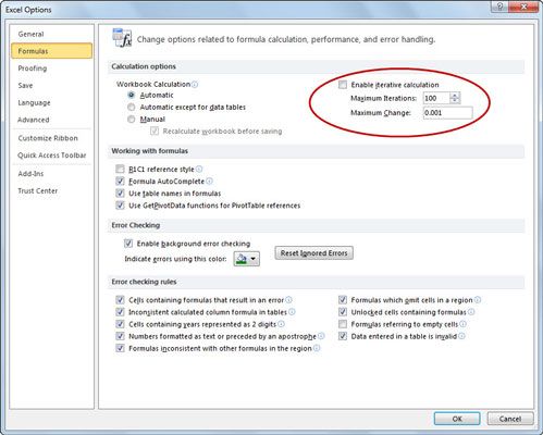 Configuración de los ajustes de cálculo y de iteración en el cuadro de diálogo Opciones de Excel.