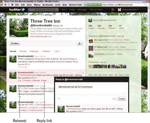La corriente de Twitter para Three Tree Inn incluye una respuesta y un retweet. [Crédito: Cortesía de Three Tree