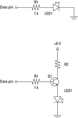 Dos maneras de conectar un LED a un pin de salida de puerto paralelo.