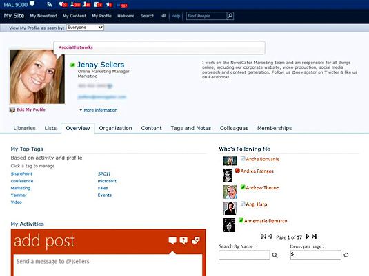 Un perfil social NewsGator le permite ver a un colega's connections, as well as the subjects she post