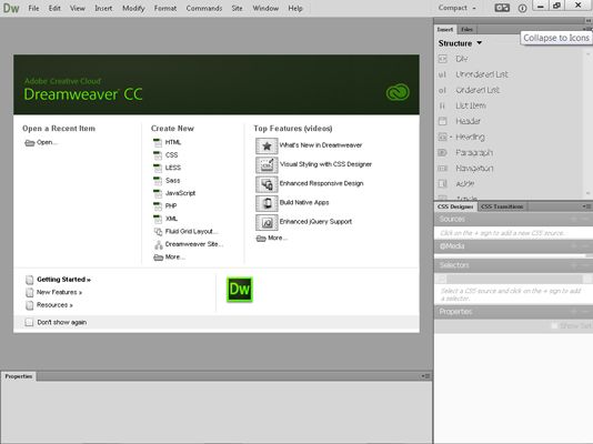 La pantalla de bienvenida de Dreamweaver CC ofrece accesos directos a archivos abiertos recientemente, nuevos tipos de archivos, y