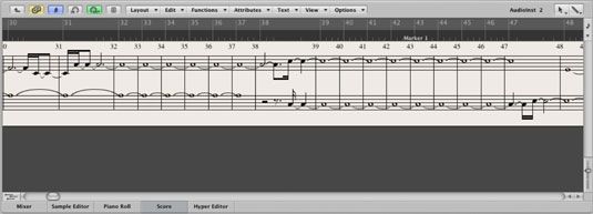 El menú Score muestra los datos MIDI en forma de partitura musical y le permite editarlos.