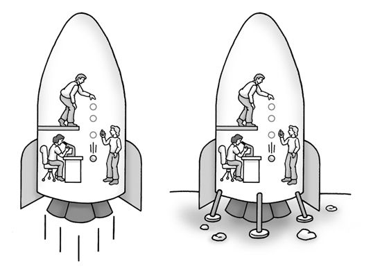 (Izquierda) Los científicos realizando experimentos en una nave espacial se acelera. (Derecha) Los científicos consiguen t