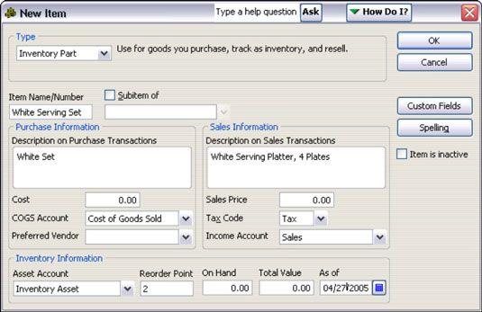 Configuración de un objeto del inventario usando QuickBooks.