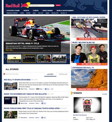 El sitio de Red Bull transmite una gran cantidad de información de manera eficaz mediante el uso de tres secciones principales y li regla
