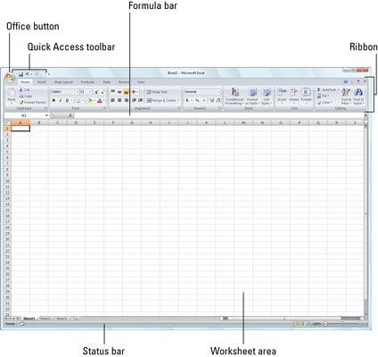 La ventana del programa Excel 2007 que aparece al iniciar el programa.