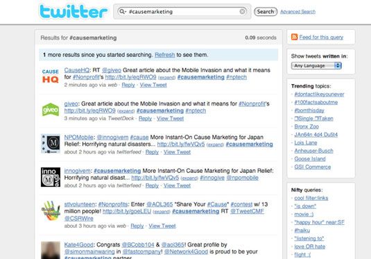 Resultados de búsqueda de Twitter cuando se busca utilizando un hashtag: #causemarketing.