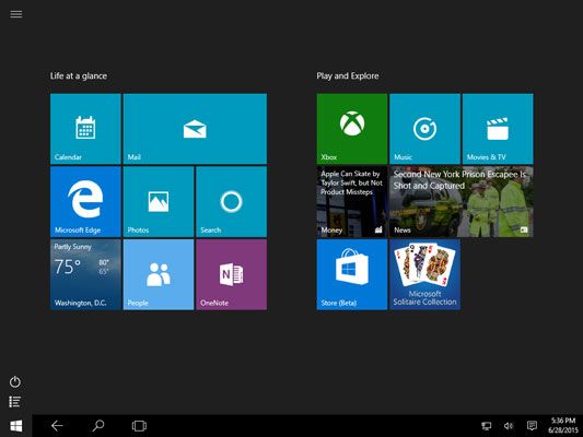 Una tableta's Start menu fills the entire screen with easy-to-touch buttons.