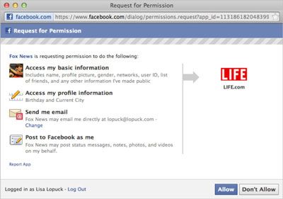 El primer paso de la conexión a un sitio web con Facebook está de acuerdo para liberar cierta información