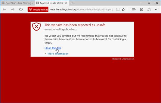 Microsoft Edge le avisa cuando usted visita un sitio de phishing sospechoso.
