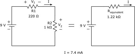 Para calcular la corriente a través de este circuito, determinar la resistencia equivalente y aplicar Ohm's 