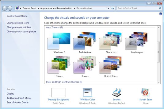 Elija un tema preconfigurado para cambiar el aspecto de Windows y sonidos.