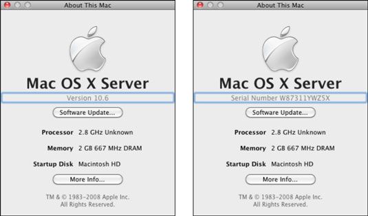 Haga clic en el número de versión de Mac OS X (izquierda) dos veces para mostrar el número de serie del hardware (derecha).