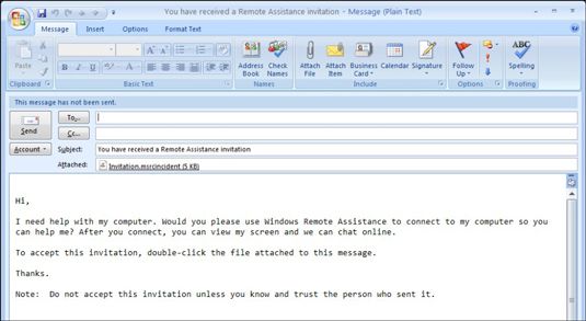 La invitación de correo electrónico predeterminado generado por Asistencia remota de Windows