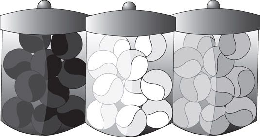 Cada frasco (o sitio) es claramente de un color de mármoles: negro, blanco y gris.