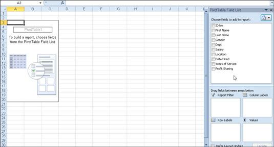 Nueva tabla dinámica que muestra la cuadrícula de la tabla en blanco y el panel de tareas Lista de campos de tabla dinámica.