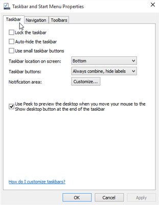Haga clic en la ficha Barra de tareas para personalizar la barra de tareas's appearance and behavior.