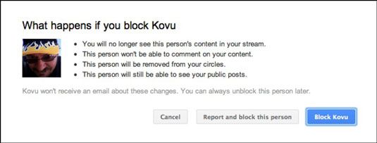 Las opciones para el bloqueo de un usuario en Google+.