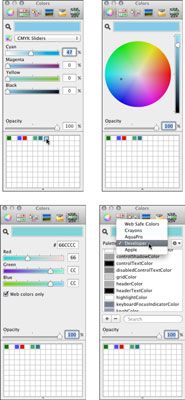 El panel Colores's Color Sliders, Color Palettes, Color Wheel, and RCWeb panes.