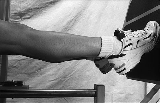 Como alternativa a la subida de ternero de pie, pruebe la prensa del dedo del pie en la máquina de la pierna-prensa. [Crédito: