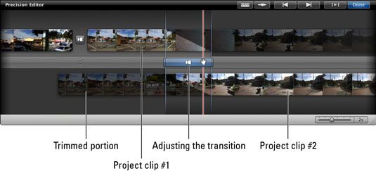 Ajuste la transición entre dos clips de proyectos con mayor precisión mediante el Editor de Precisión.