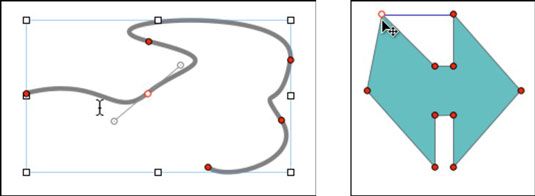 Una curva de B & # 233-zier está editando (izquierda) y una forma predefinida está editando (derecha).