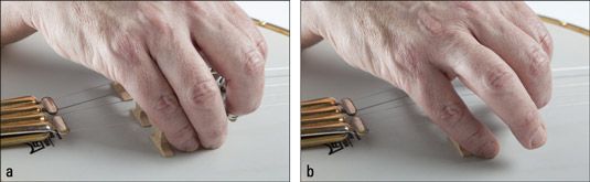 El anclaje de la mano de la cosecha con (a) el dedo anular y el dedo meñique da más estabilidad que usin