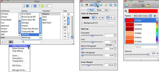 Guarde su configuración de fuentes favoritas (izquierda), establecen más atributos (centro), y especificar el color (derecha