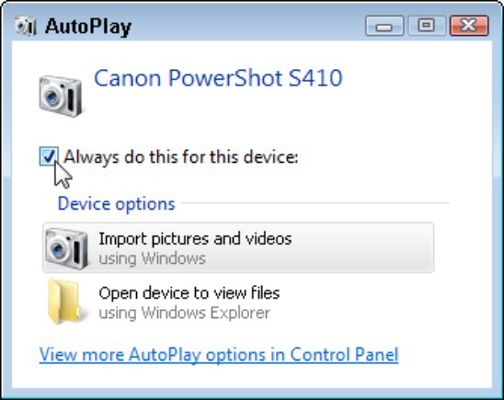 Cuando Windows 7 reconoce la cámara, aparece la ventana de reproducción automática.