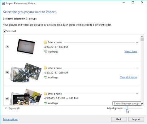 Windows ofrece grupos de imágenes en base a la hora y fecha en que las tomó. Puede revisar y modi