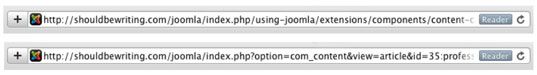 Una dirección URL con (arriba) y sin (abajo) SEO habilitado.