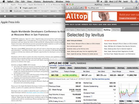 Web-surf espacio, con tres ventanas de Safari de Apple (Información de prensa, páginas Alltop y eTrade) organizó j