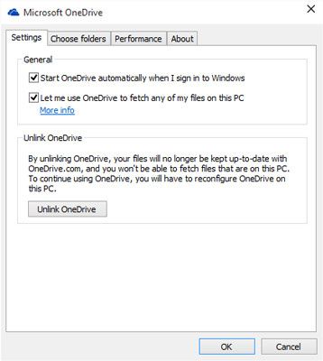 Un viaje's Settings dialog box lets you change how OneDrive communicates with your computer.