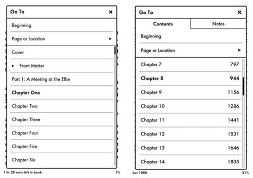 Utilice el menú Ir a para desplazarse a las diferentes secciones de un libro (de primera generación Kindle Paperwhite en t