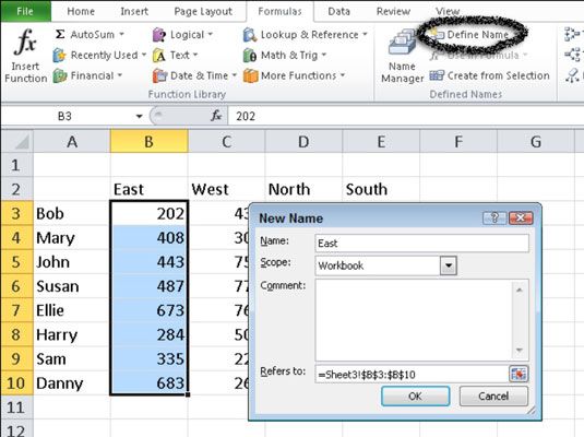 Utilice el cuadro de diálogo Nuevo Nombre para asignar un nombre al rango seleccionado.